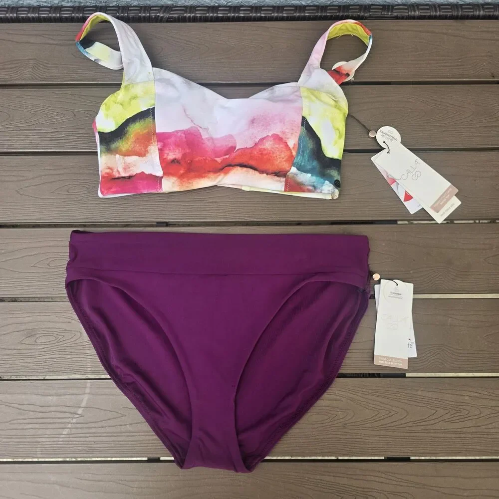 CALIA Women's Power Sculpt Bikini Top & Deep Burgundy Wide Band Bikini Sz M New